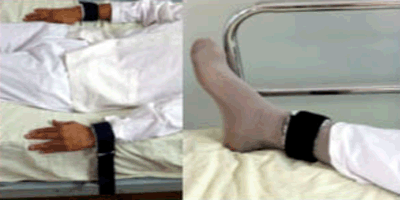Kit compuesto por dos muñequeras o tobilleras y una cincha la cual sujeta por debajo de la cama ambas muñequeras.