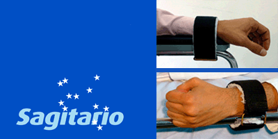 Compuesto de 2 muñequeras, se sujetan mediante abrojos al apoya-brazo de la silla o a la baranda de la cama.